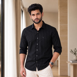 Men's Urban Style Long Fit Full Sleeve Shirt – Black