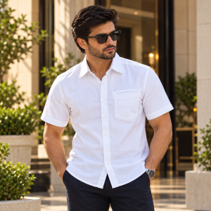 Smart Men's Essential White Cotton Casual Shirt – Half Sleeve
